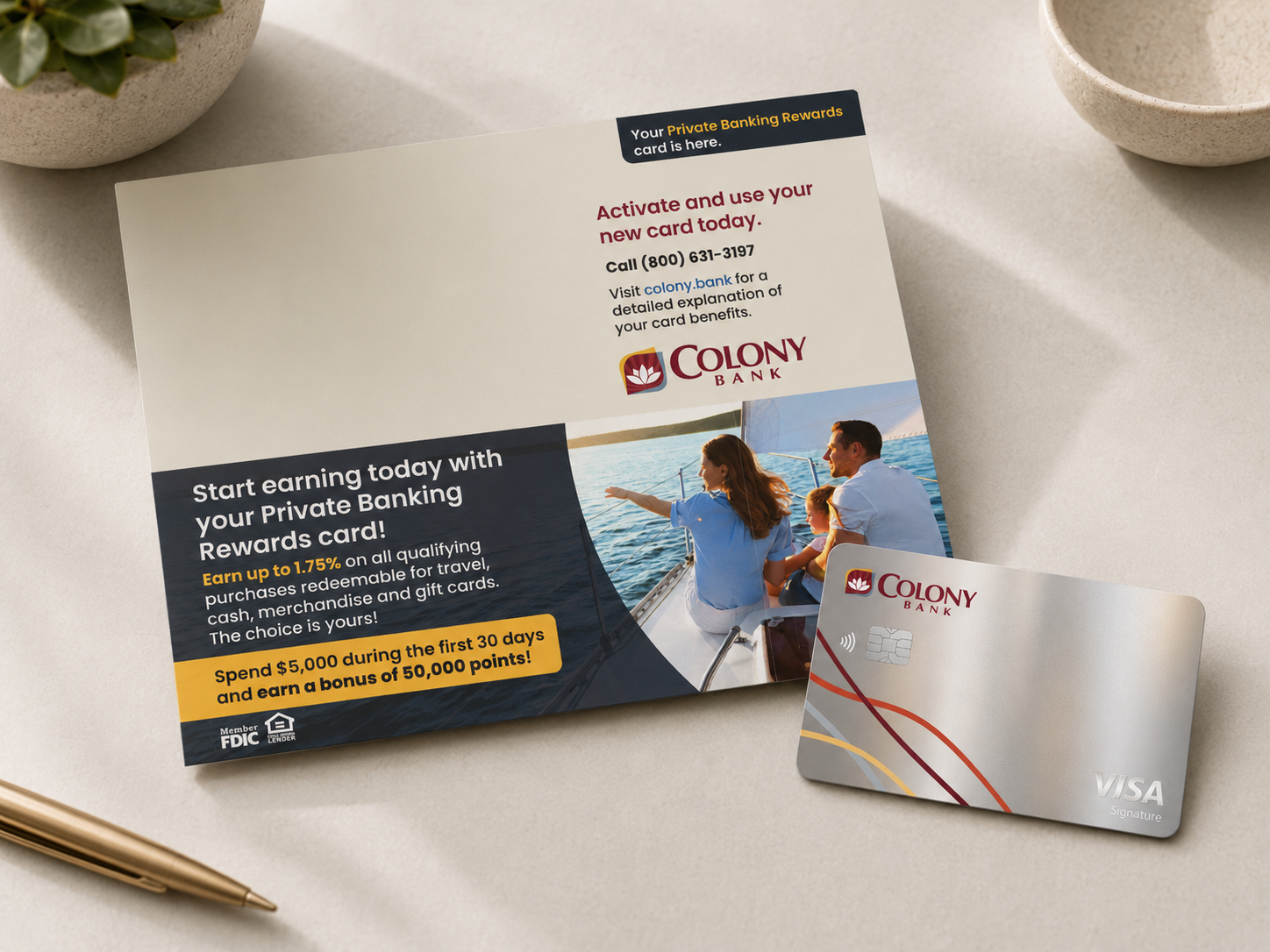 Colony Bank Private Banking Rewards card carrier and physical card