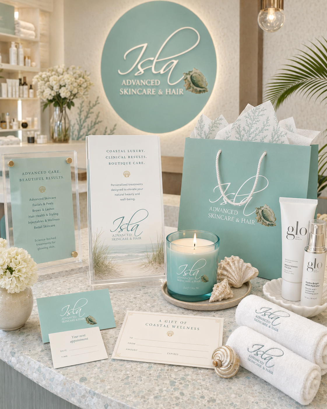 Isla Advanced Skincare & Hair brand environment with signage, products, and client materials