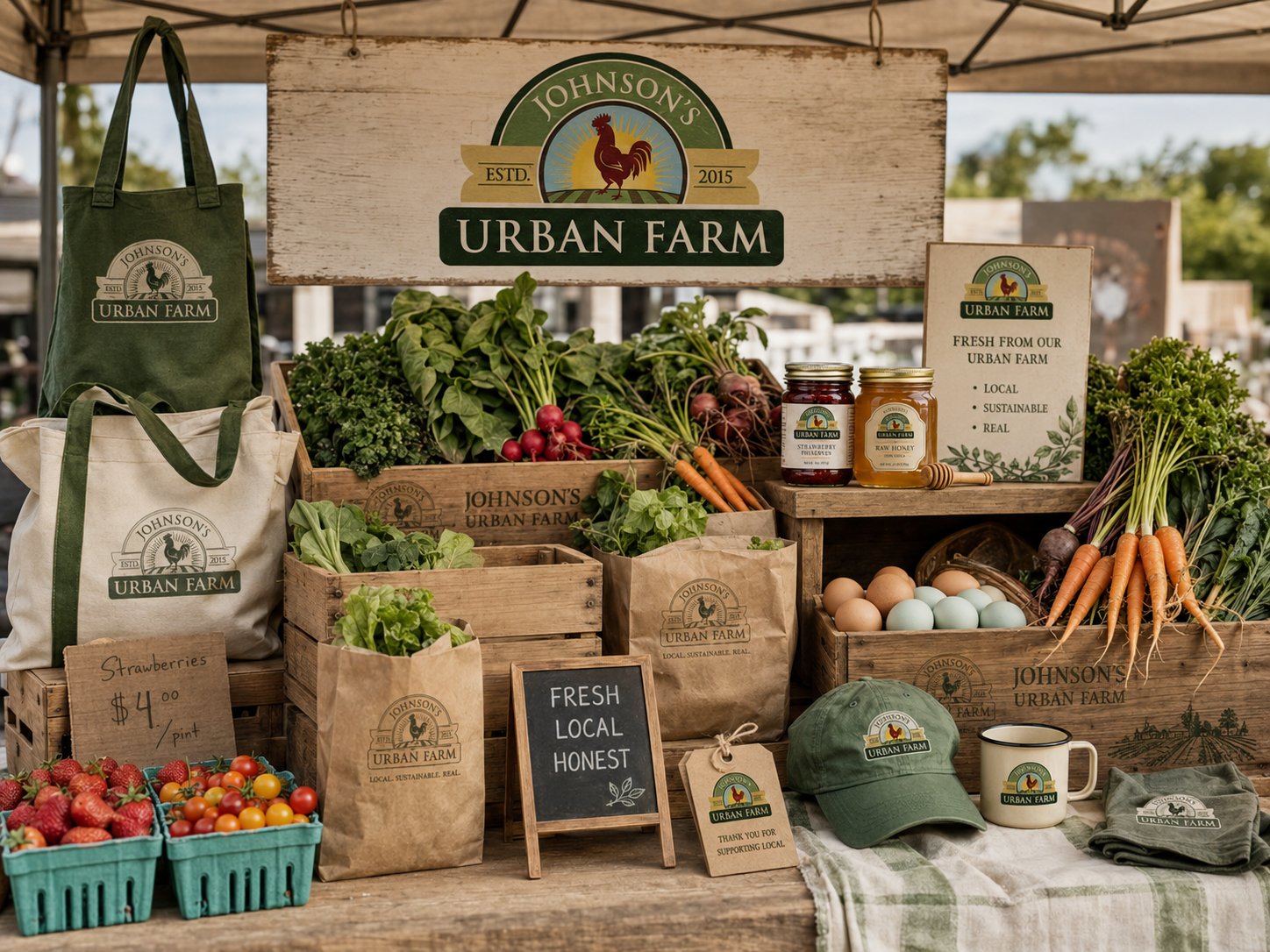 Johnson’s Urban Farm market display with produce and branded goods