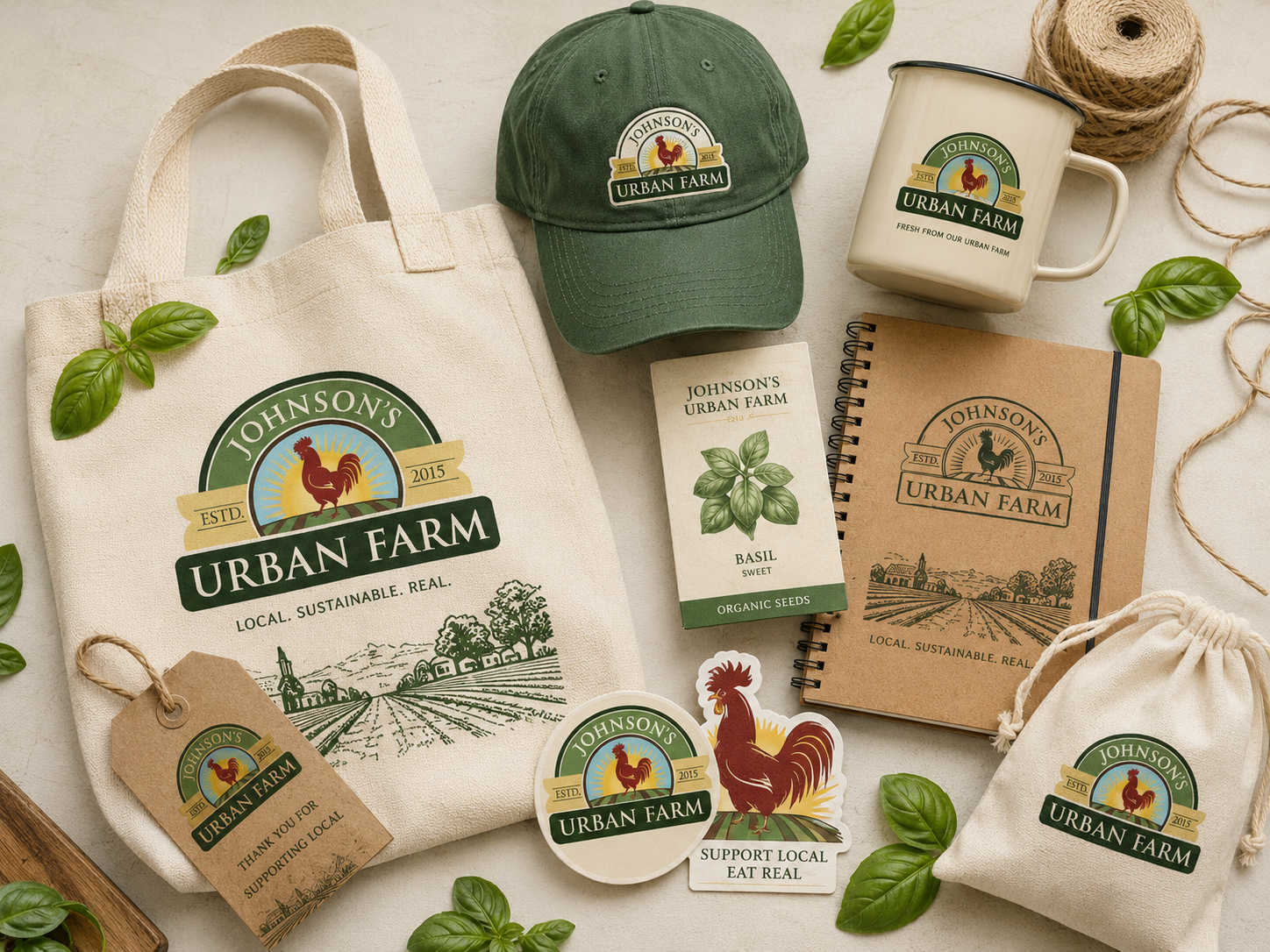 Johnson’s Urban Farm branded merchandise and seed packaging