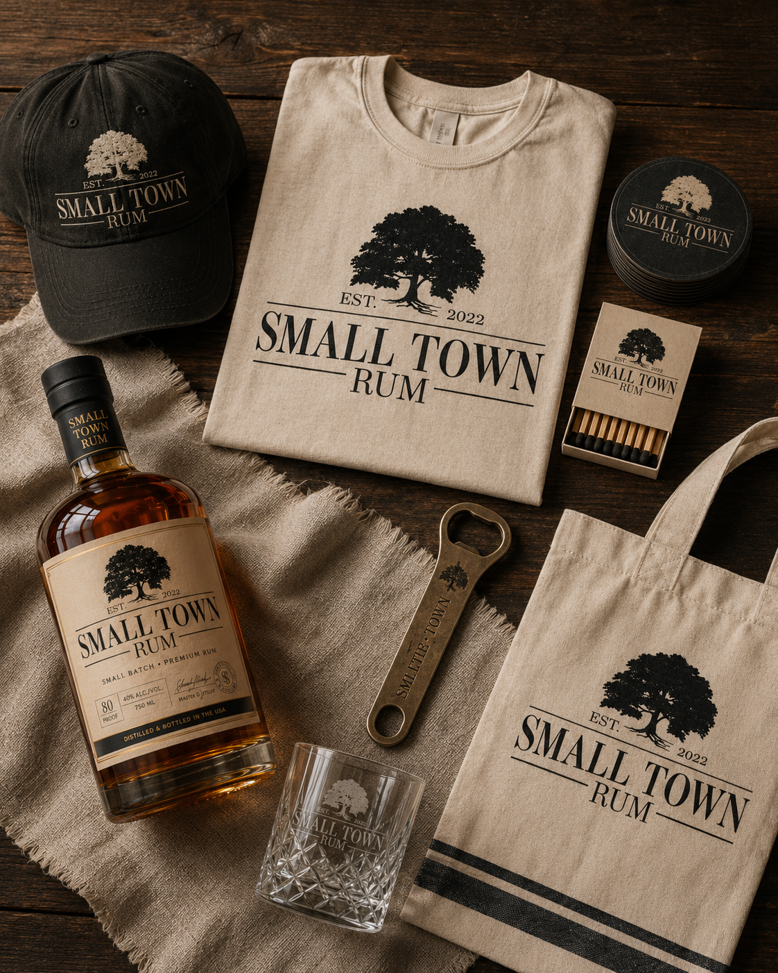 Small Town Rum branded apparel and merchandise flatlay